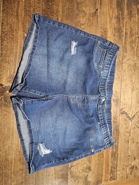 Women's Distressed Blue Denim Jean Shorts with Elastic Waist
